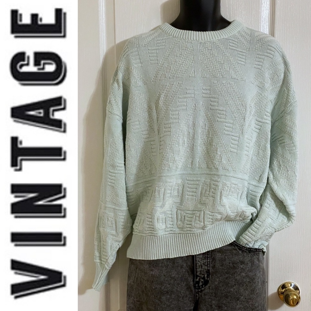 Vintage 1990s geometric knit pattern crewneck dad sweater, mint & white